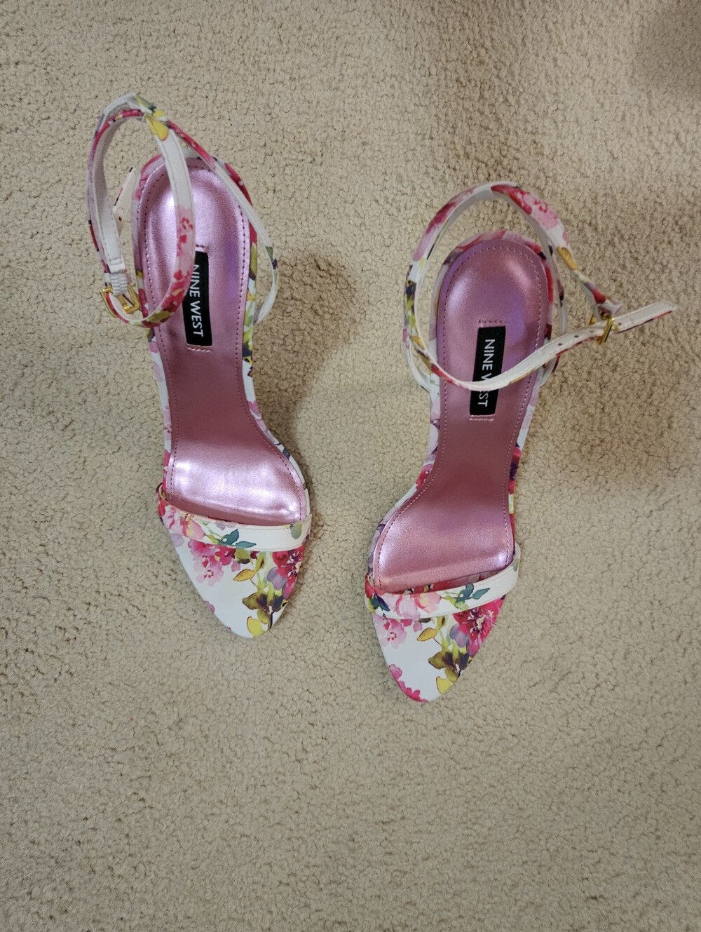 Nine West White Floral Ankle-Strap Heels with Pink Metallic Insole